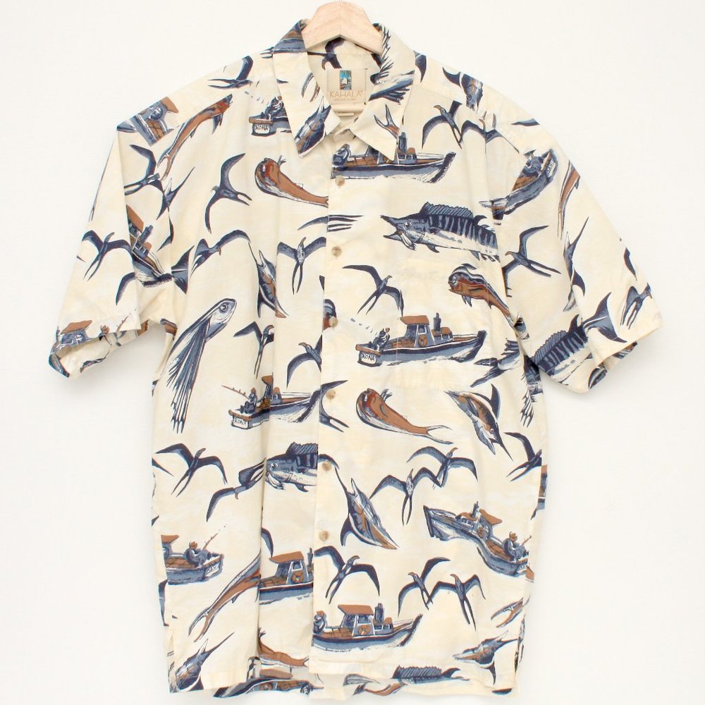 Kahala Men's SS Button Shirt Hawaiian Fishes Theme Large Beige